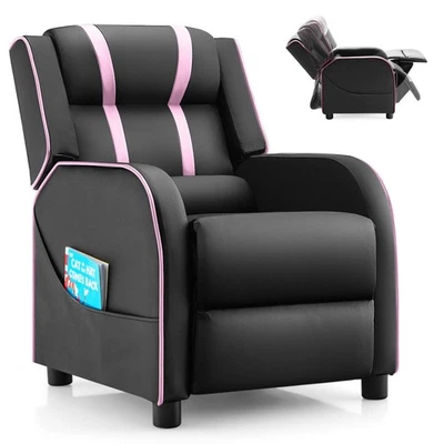 Sillón reclinable ergonómico de cuero para niños con reposapiés bolsillo lateral rosa Foto 1 de 4