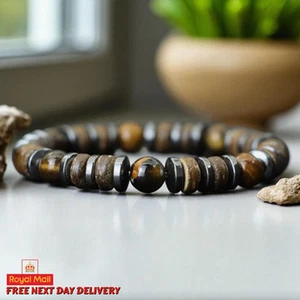 Mens Tiger Eye Hematite Beaded Bracelet Natural Stone Wood Wristband Gift 19.5cm - Picture 1 of 2