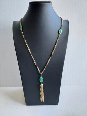 Green Marbled Glass Long Tassel Necklace & Earrings Emmons Goldtone 32in. - Image 1 of 4