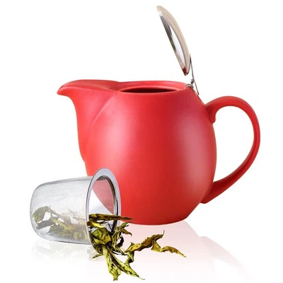 32 ounce Red Porcelain Tea Pot - Stainless Steel Lid and Fine Infuser To Brew... - Image 1 of 4
