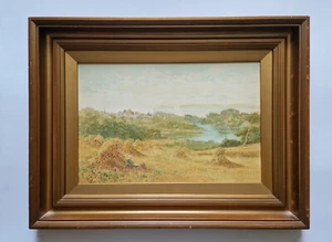 Antigua pintura acuarela paisaje siglo XIX - Figura en Hay Field - Imagen 1 de 7