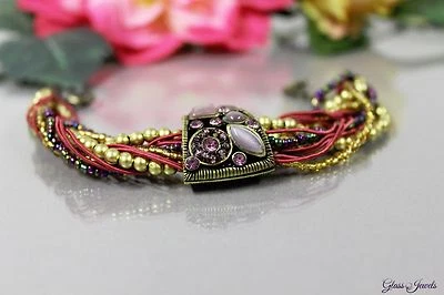 Glass Jewels Bronze Armband Perlen Vintage Lila Violett Rot Gold Strass #O001 - Bild 1 von 3