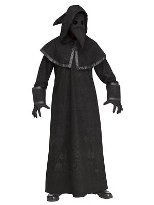 Deluxe Plague Doctor Robe Hood Mask 4pc Men Costume, Black, One-Size 6', 200lbs - Image 1 of 2