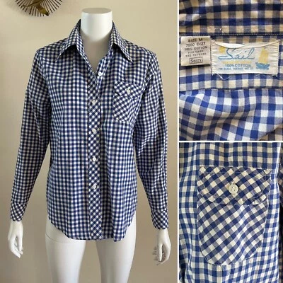 Blusa Gingham anos 60 70 SAIL Sears bolso único roupa de trabalho ocidental fazenda vintage - Imagem 1 de 4