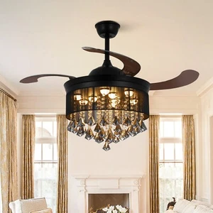 42" Invisible Ceiling Fan Light Crystal Chandelier Remote 3 Speed 3-Color LED - Picture 1 of 14
