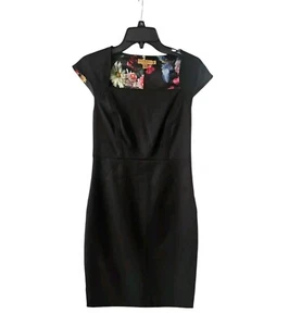 Ted Baker Size 2 Black Cap Sleeve Square Neck Lined Womens Fitted A-Line Dress - Picture 1 of 6