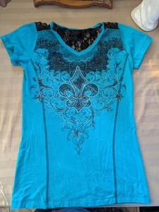 Cowgirl Legend Damen XL 100% Baumwolle Türkis Blau Spitze Y2K Grunge Strasssteine - Bild 1 von 9