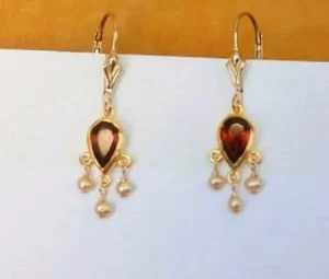 Viktorianische Chandelier Ohrringe Laborgefertigt Granat/Perle 14K Gelbgold über - Bild 1 von 4