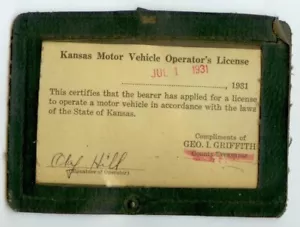 1931 Kansas Motor Vehicle Operator's License - Olaf Hill - Picture 1 of 1