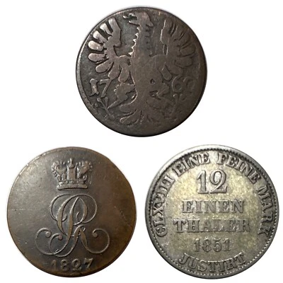 3 Early German Coins - 1760 12 Heller, 1827 Pfenning & 1851-B 1 /12 Thaler - Image 1 of 4