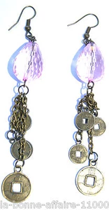 BOUCLES D'OREILLES FANTAISIE PENDANTE perle rose transparent cuivré tendance - Picture 1 of 1