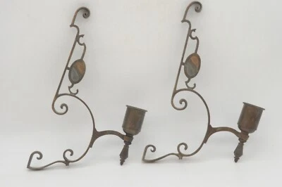 2 Vintage Mid Century Gothic  Solid Brass Wall Sconce Set Candle Holders 14" - Image 1 of 4