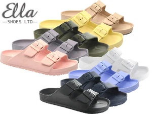 Ladies Mule Sandal Lightweight Ella Flip Flop Double Buckle Shell Slider - Picture 1 of 41