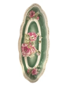 Vintage Wheeling Pottery La Belle Semi Porcelain Oblong Tray/Dish Green w/red - Picture 1 of 3