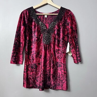 Camisa Blusa Top Terciopelo Rojo One World Talla S Nueva con Etiquetas Y2K Hada Grunge Bruja Gótica Foto 1 de 4