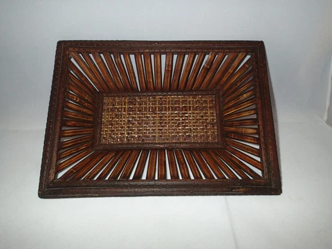 Vintage Rattan Woven Basket Trim Slanted Wood MCM Mid Century Modern Tray Cover