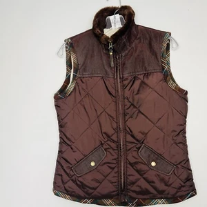 Cabi Sz. Small Quilted Puffer Brown Zip Vest Faux Fur Collar Corduroy Floral - Picture 1 of 9