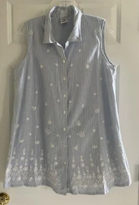 Take Nine Maternity Blouse Large Sleeveless Blue Stripe Embroidered Coastal NWOT - Picture 1 of 8