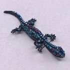 Lizard Chameleon Brooch Pin Moving Tail Teal Purple Rhinestones Black Metal