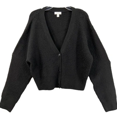 TOPSHOP Cardigan Womens Sz 14 Black Button Up Sweater Waffle Knit Soft V-Neck - Image 1 of 4