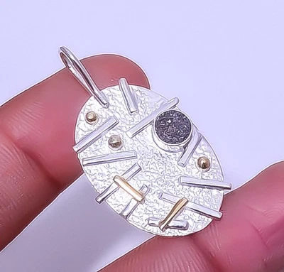 Titanium Carbon Agate Drusy 925 Sterling Silver Two Tone Pendant 1.56" A384 - Image 1 of 4