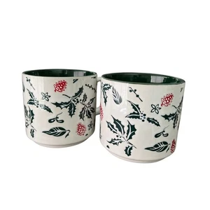 California Pantry Set of 2 Holly Pinecone Christmas Mugs Green Lined Ceramic - Picture 1 of 4