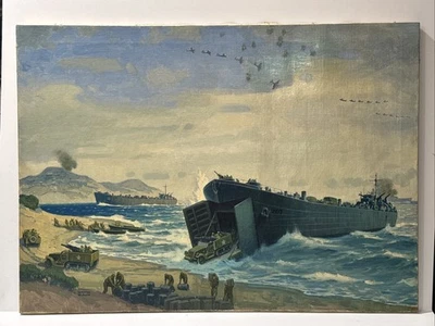 GRAN PINTURA DE LA GUERRA MUNDIAL SEGUNDA GUERRA MUNDIAL ILUSTRACIÓN AL ÓLEO FIRMADA WILSON ANTIGUO MILITAR 36" Foto 1 de 4