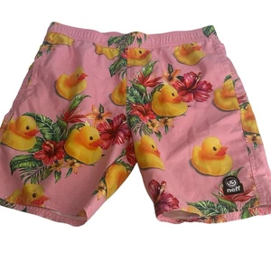 Neff Swim Trunks Unlined Boys Size XL Pink Rubber Ducky Graphic Pockets - Picture 1 of 7