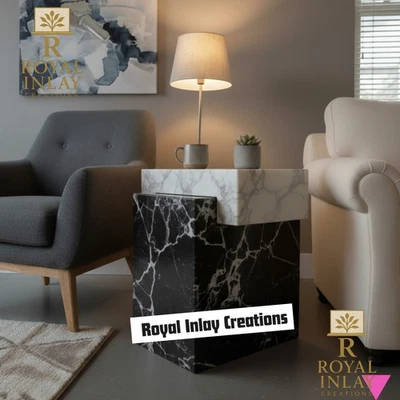 Serene & Modern Marble Side Table - Calacatta & Black Marble End Table - Image 1 of 4