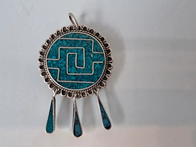 Molto Bello, Vecchio Ciondolo A Catena, 925 Argento Con Turchesi - Immagine 1 di 4