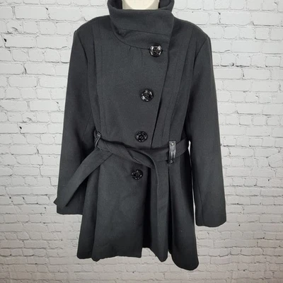 Abrigo Steve Madden Negro Cinturón Abotonado Plisado Peso Pesado Talla Grande L Foto 1 de 4