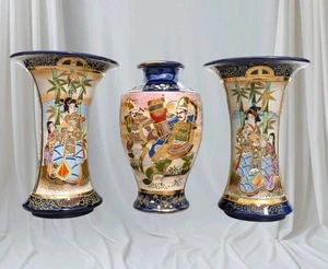 3 jarrones antiguos japoneses Satsuma cobalto Gosu esmalte azul Kinkozan Asano Shimazu - Imagen 1 de 24