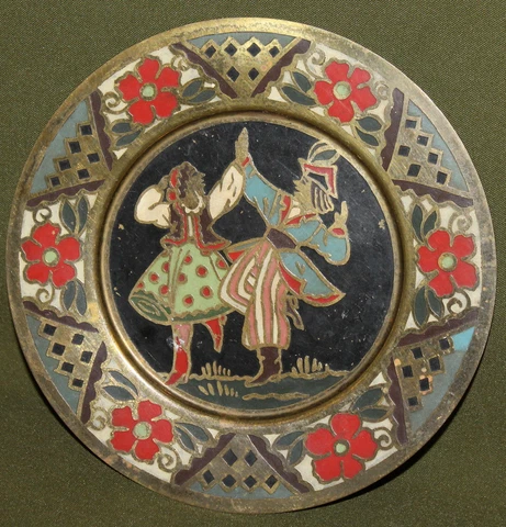 Vintage hand made enamel brass wall decor plate folk dancers Cover