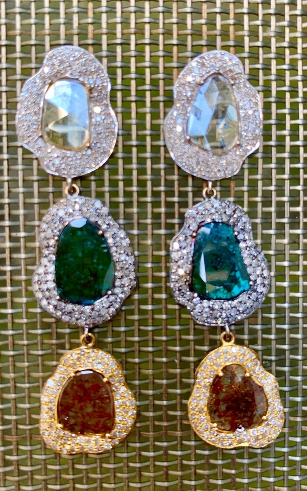 18K GOLD DIAMOND SLICED COLORED DIAMOND EARRINGS 9.89 CARATS  *NEW* - Image 1 of 3