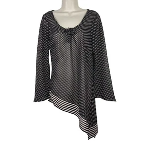 Millenium Black Polka Dot Top Asymmetrical Women Size M Sheer Long Sleeve - Picture 1 of 8