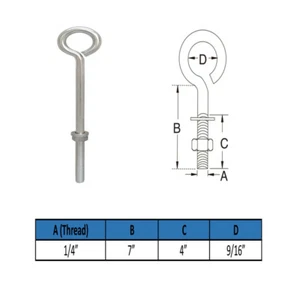 Stainless Steel Forge Style 1/4" x 7" Turned Eye Bolt Rigging Ring Loop Lift - Picture 1 of 4