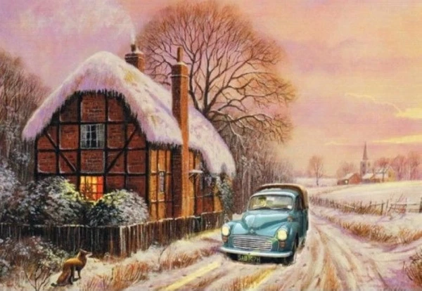 Morris Minor van 1960s 1970s Nostalgic Countryside Christmas Card - Image 1 of 1