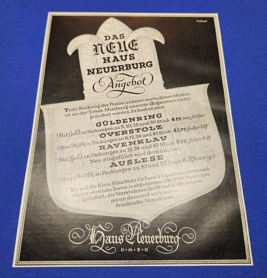 37. Haus Neuerburg GmbH Güldenring Overstolz Ravenklau Werbung Reklame 1936 - Bild 1 von 1