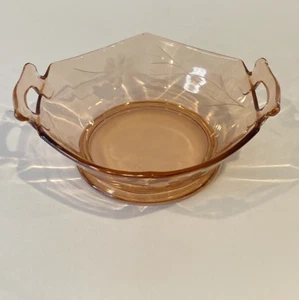 Pink Depression Glass Hexagon Double Handled Dish Etched Flowers - Picture 1 of 7