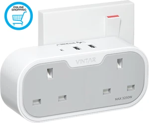 Double Plug Adaptor, Multi Plug Extension Socket with 2 USB 1 USB C Ports, 2 Wa - Picture 1 of 12