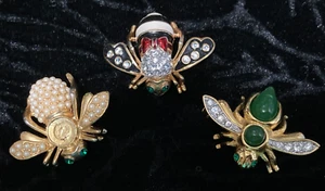 Joan Rivers Bee Pins, Lot of 3, Black & White Enamel, Jade Green, & Faux Pearl - Picture 1 of 24