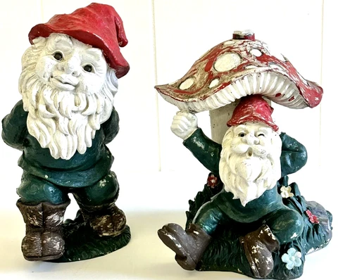 Vintage Garden Gnome Mushroom Heavy Cast Iron Kitschy Germany Set of 2 Large Cover