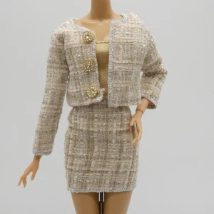 Barbie modello bambola musa taglia kaki oro tweed gonna tuta metà coscia lunghezza Xian - Foto 1 di 11