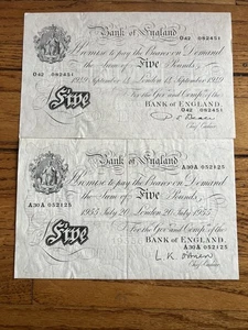 1949 & 1955 Bank Of England Five (5) Pounds Original Banknotes - Picture 1 of 10