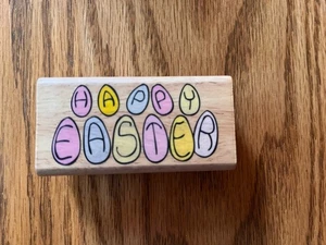 Wooden Rubber Stamp HAPPY EASTER WITH EGGS - Picture 1 of 2