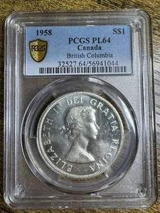 1958 S$1 Canada Silver Dollar PCGS PL64 Prooflike! Gold Shield & True View - Picture 1 of 3