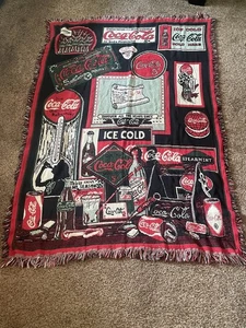 Vintage Coca-Cola Ad Fringed Throw 46” x 66” Tapestry blanket 90s coke - Picture 1 of 4