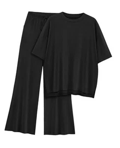 Womens Lounge Set 2 Piece Outfits Casual Loose Fit Short Sleeve Tops and Wide - Picture 1 of 6
