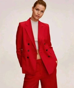 Mango Linen Blend Womens 2 pcs Set Blazer Wide Leg Culottes Berry Red UK 12-14 - Picture 1 of 13