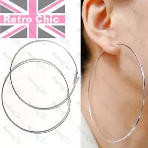 9cm BIG EARRINGS 90mm SILVER FASHION HOOPS plain skinny metal ROUND HOOP - Picture 1 of 7